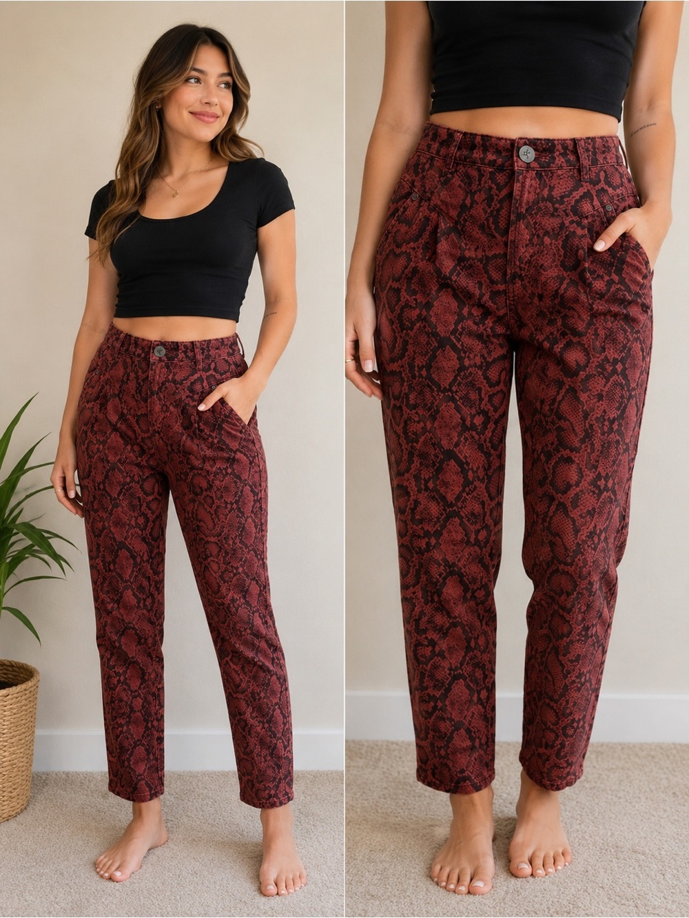 One Teaspoon High-Rise Red Snake Print Straight Leg Jeans Sz 26